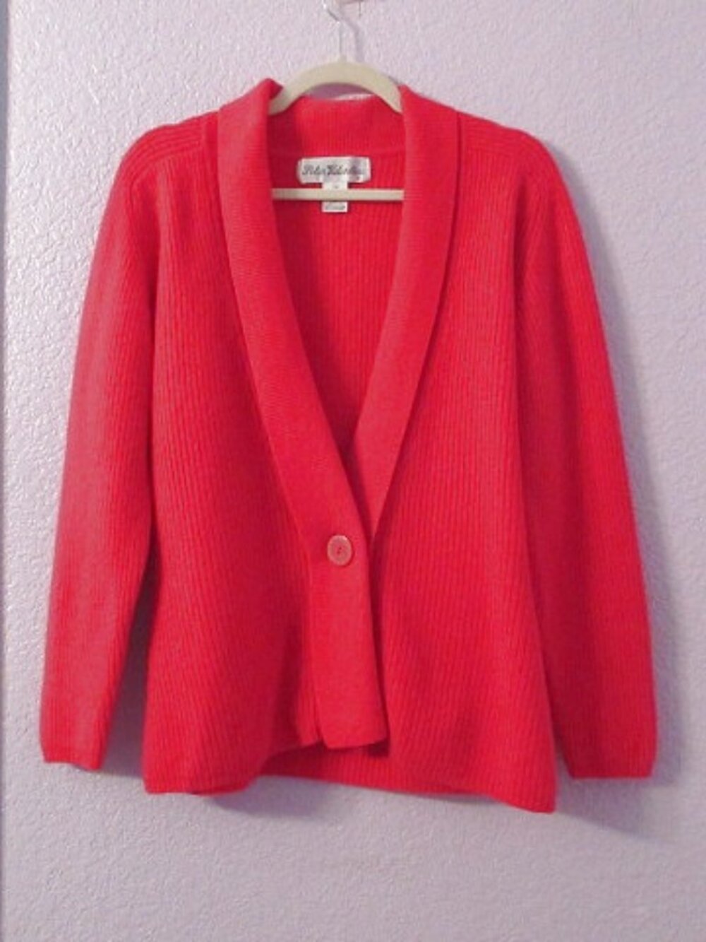 Vtg 80s Shawl Collar Cardigan Womens M Pink Sweater Angora Wool Button Old Money